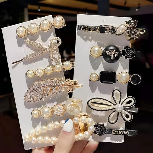 Korean Pearl Rhinestone Hair Clips Set (11pcs)